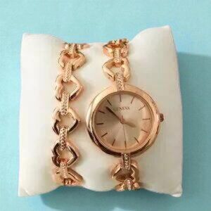 Needs Battery Geneva Rose Gold Watch & Heart Bracelet -